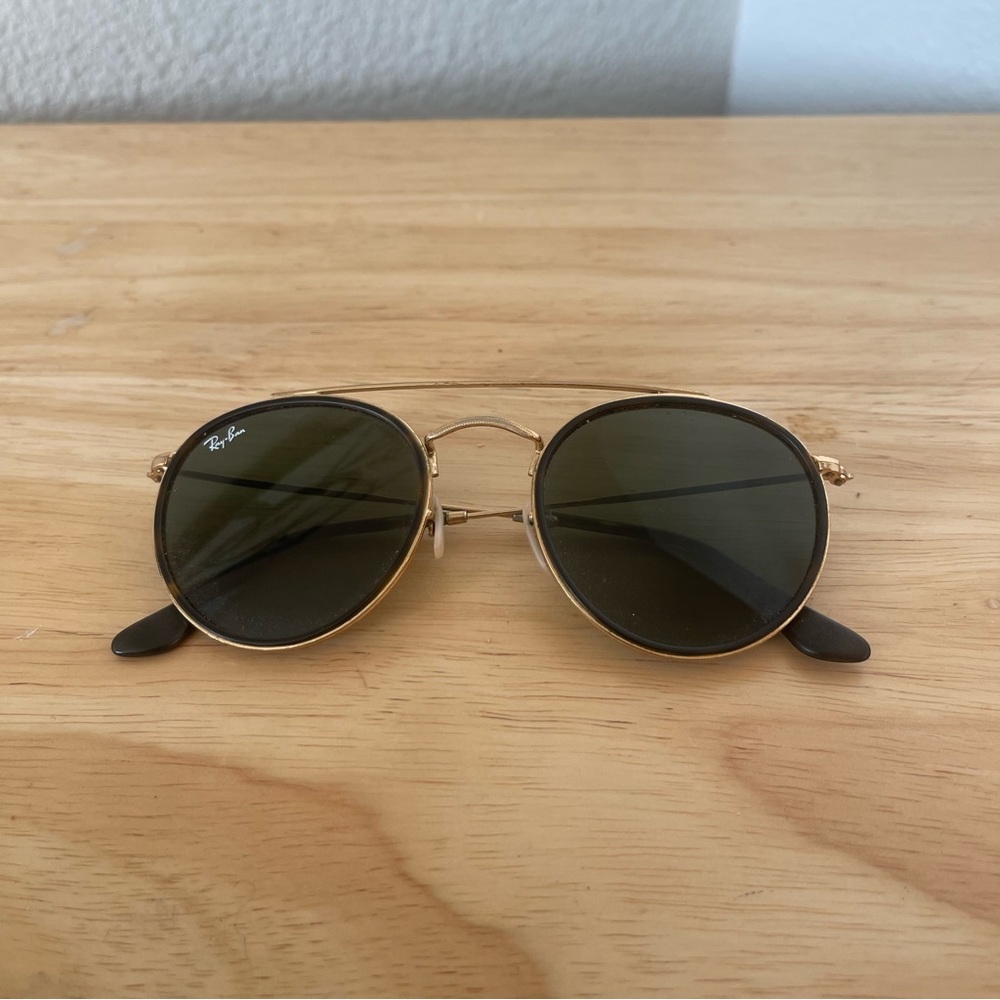 Rayban 51 22 Black Round Double Bridge Gold Frame Sunglasses